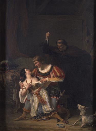 Esmeralda und Phoebus von Claude Frollo ueberrascht van Auguste Couder