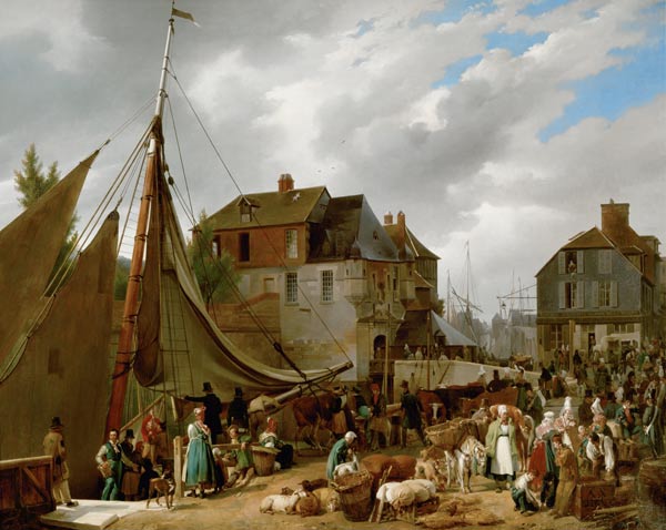 Loading Livestock onto the 'Passager' in the Port of Honfleur van Auguste-Xavier Leprince