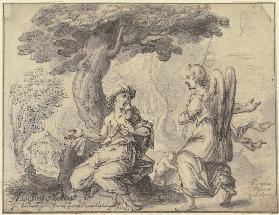 Der Hagar, die unter einem Baum sitzt, erscheint von rechts kommend ein Engel, zwischen ihnen liegt 