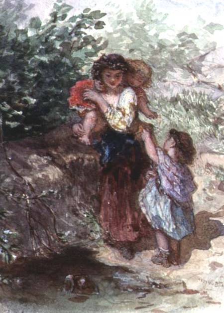Girl standing with a Child on her Shoulders, another Child by her Side van Augustus Jules Bouvier