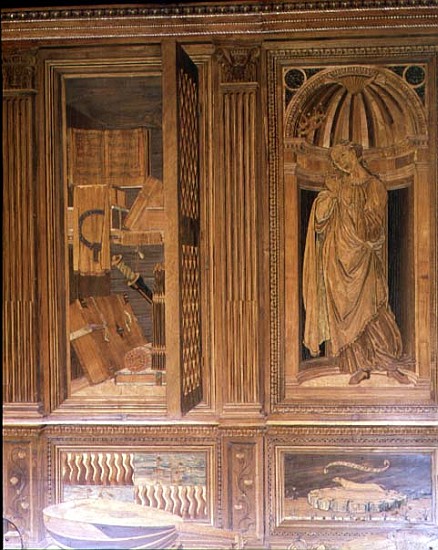 The Study of Federigo da Montefeltro, Duke of Urbino: intarsia panelling depicting (L) an open cupbo van Baccio Pontelli