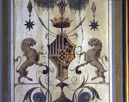 Painted window shutters depicting a coat of arms with two lions (tempera on wood) van Baldassarre Peruzzi