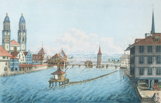 Zürich, Limmat und Fraumünster van Balthasar Anton Dunker