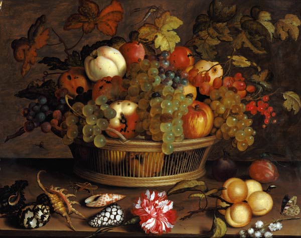 Stillleben mit Trauben, Äpfeln, Pfirsich, Pflaumen und Blumen van Balthasar van der Ast