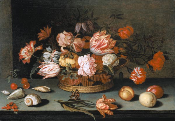 Stillleben mit Blumen, Früchten, Muscheln und Schmetterling van Balthasar van der Ast