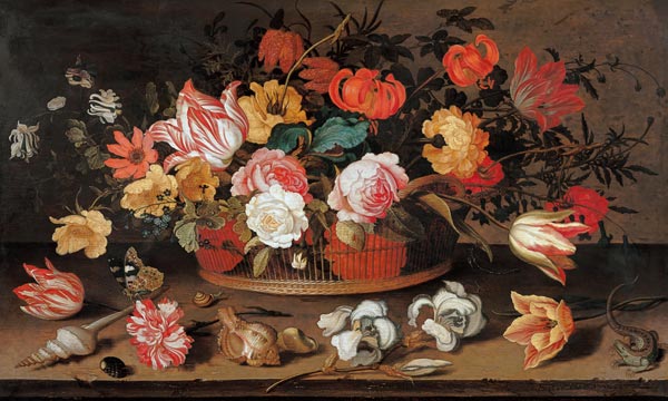 Rosen, Tulpen, Lilien und andere Blumen in einem Korb. van Balthasar van der Ast