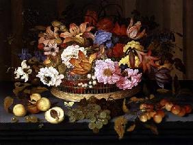 Still Life of Fruit and a Basket of Flowers