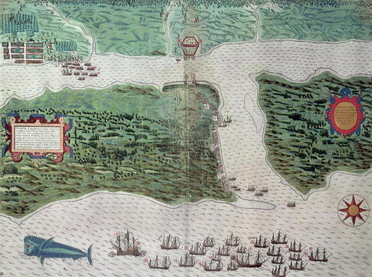 Map depicting the destruction of the Spanish colony of St. Augustine in Florida on 7th July 1586 by van Baptista Boazio