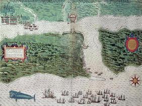 Map depicting the destruction of the Spanish colony of St. Augustine in Florida on 7th July 1586 by