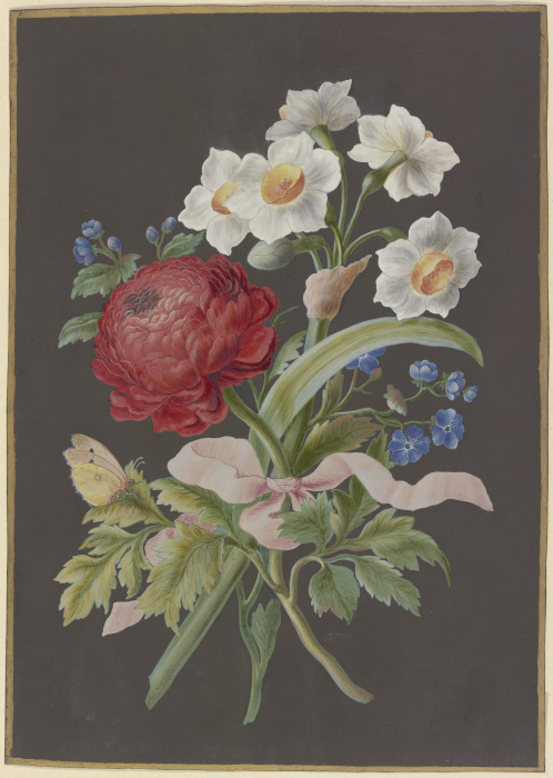 Blumengebinde mit roter Ranunkel (Ranunculus), weißer Tazette (Narcissus tazetta) und blauer Blume ( van Barbara Regina Dietzsch