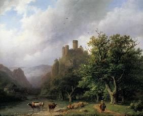 Een rivierlandschap met een kasteelruïne - Barend Cornelisz. Koekkoek