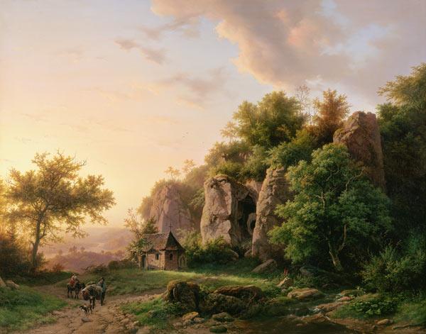 Rotsachtig landschap met kapel -  Barend Cornelis. Koekkoek