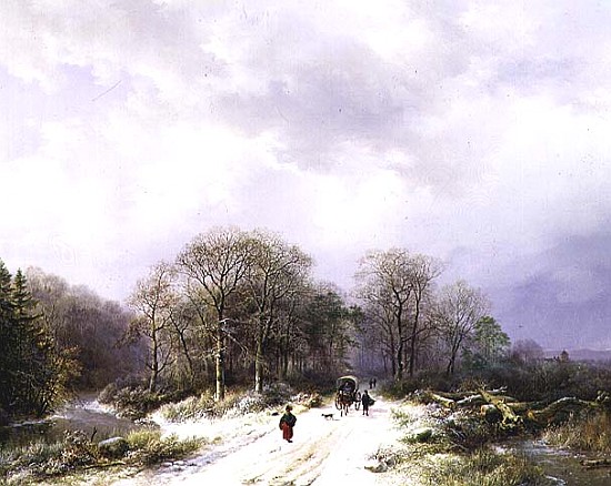 On the Way to Market, 19th century 99;landscape; winter; snow; snowy; countryside; tree; road; figur van Barend Cornelis Koekkoek