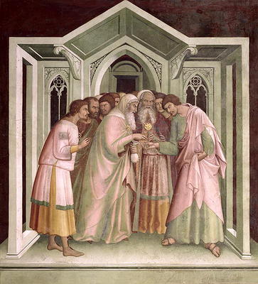 Judas Receiving Payment for his Betrayal, from a series of Scenes of the New Testament (fresco) van Barna  da Siena