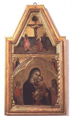 Madonna and Child with St. John the Baptist and St. Catherine, with Crucifixion scene above