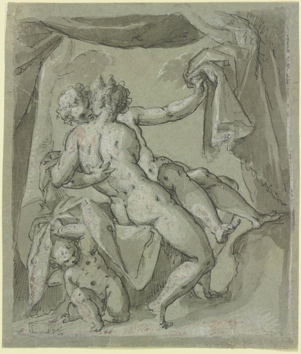 Venus und Mars auf einem Bett liegend, links unten verbirgt sich Amor van Bartholomäus Spranger