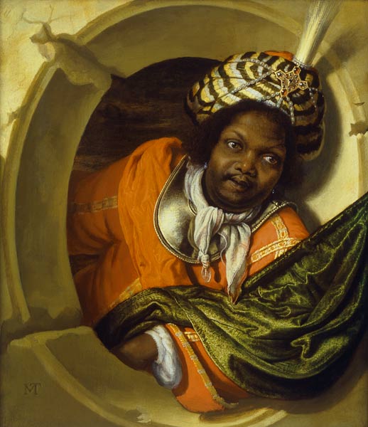 Portrait of a Moor holding a flag at a window van Bartholomaus Maton