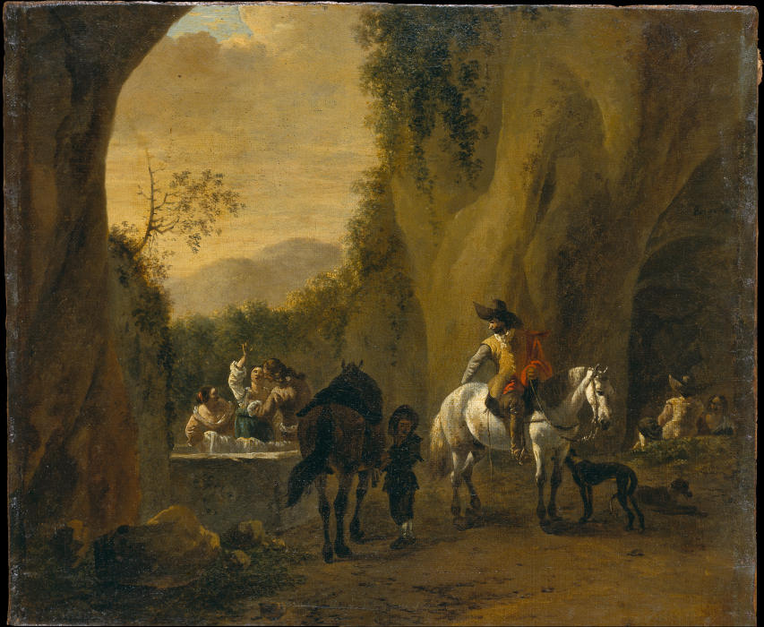 Landscape with Well at a Cave Entrance with Riders Resting and Women Doing Laundry van Bartholomeus Engels