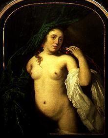 Portret van een jonge vrouw achter een gordijn - Bartholomeus van der Helst