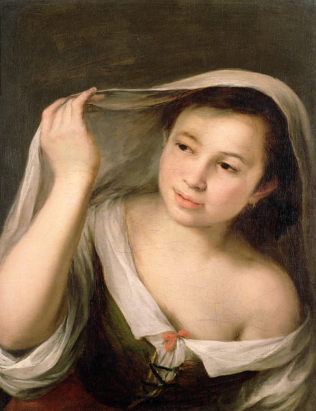 A young girl raising her veil van Bartolomé Esteban Perez Murillo