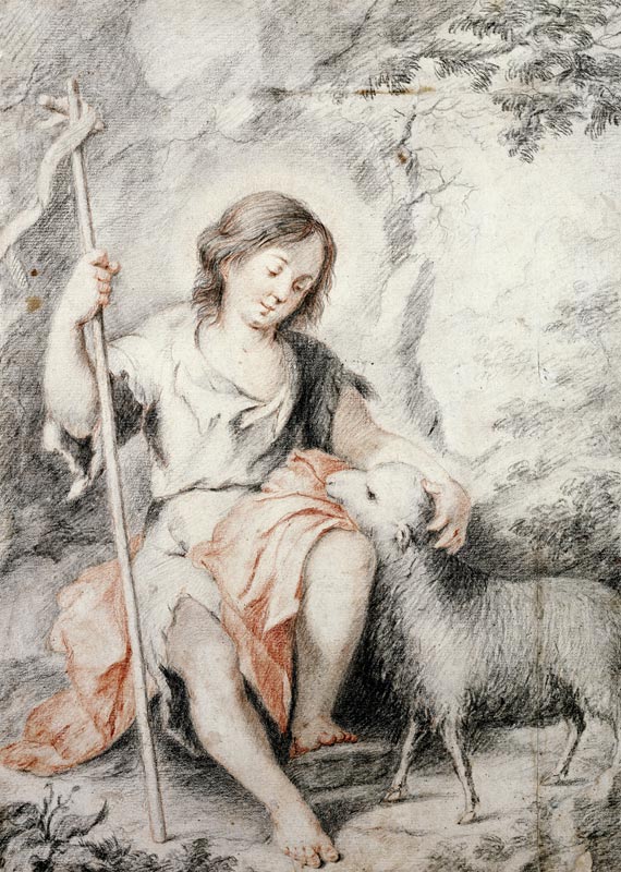 The Young John the Baptist with the Lamb in a Rocky Landscape (red and black chalk on paper) van Bartolomé Esteban Perez Murillo