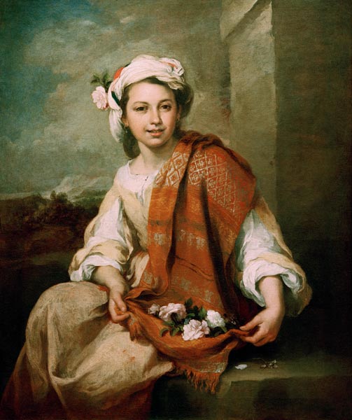 B.E.Murillo, Flower Girl-Spring / Paint. van Bartolomé Esteban Perez Murillo