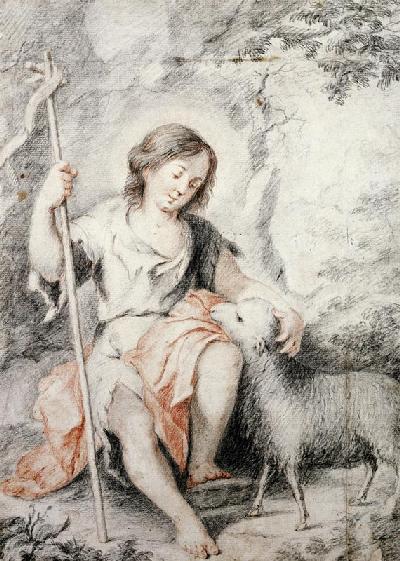The Young John the Baptist with the Lamb in a Rocky Landscape (red and black chalk on paper)