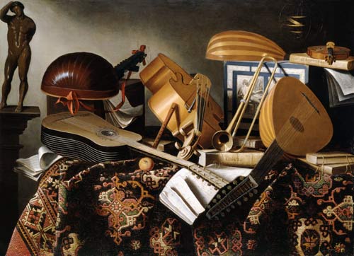 Musikinstrumente, Notenblätter und Bücher van Bartolomeo Bettera