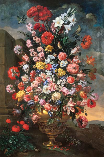 Lilies, Tulips, Carnations, Peonies,  Convolvuli And Other Flowers In A Bronze Urn With Birds, A Tor van Bartolomeo del(Il Bimbi) Bimbo