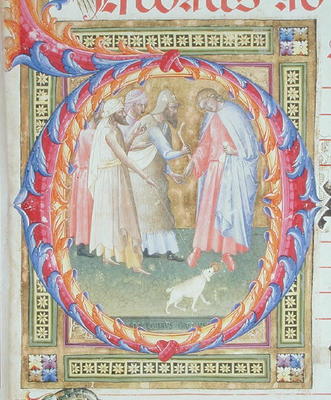 Ms 518 f.1r Historiated initial 'O' depicting Tobias and the Angel (vellum) van Bartolomeo di Frusino