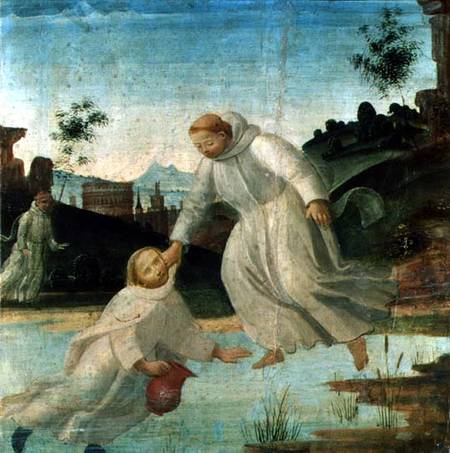 Scenes from the Life of St. Benedict: Maurus, on the instruction of St. Benedict, pulls Placidus fro van Bartolomeo  di Giovanni