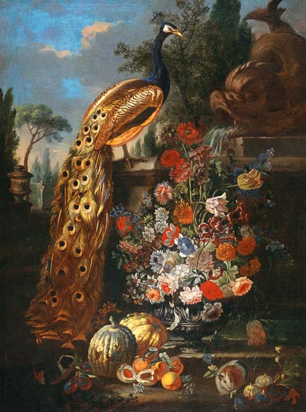 Stilleven met bloemen, vruchten en een pauw  - Bartolomeo Ligozzi van Bartolomeo Ligozzi