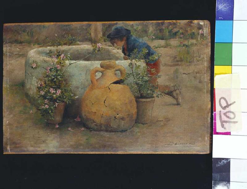 Junge in einen Brunnen schauend van Belmiro Barbosa de Almeida