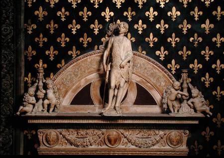 St. John the Baptist flanked by two candlesticks, from a door frame in the Sala dei Gigli van Benedetto  da Maiano