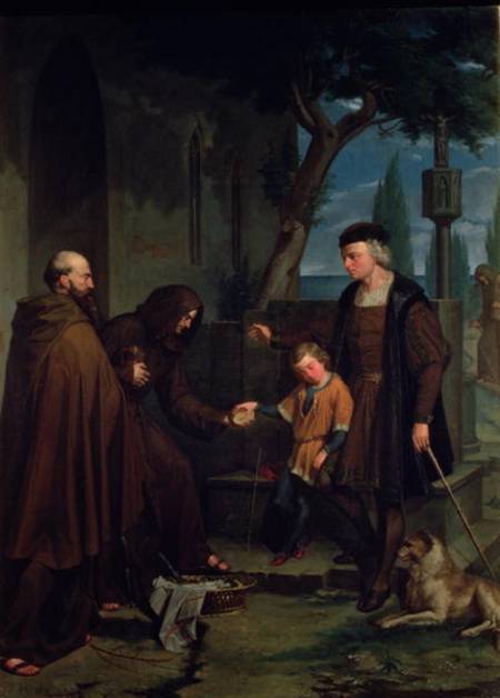 Christopher Columbus at the gates of the monastery of Santa Maria de la Rabida with his son Diego, g van Benito Mercade y Fabregas