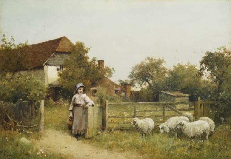 Junges Mädchen mit Schafen vor Hütte. van Benjamin D. Sigmund