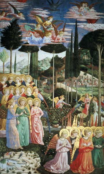 Angels in a heavenly landscape, the left hand wall of the apse from the Journey of the Magi cycle in van Benozzo Gozzoli