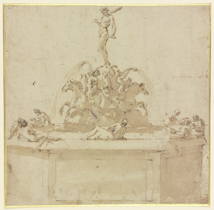 Ein Brunnen, über einer Gruppe von auf Pferden reitenden Tritonen steht Herkules, auf dem Brunnenran van Benvenuto Cellini