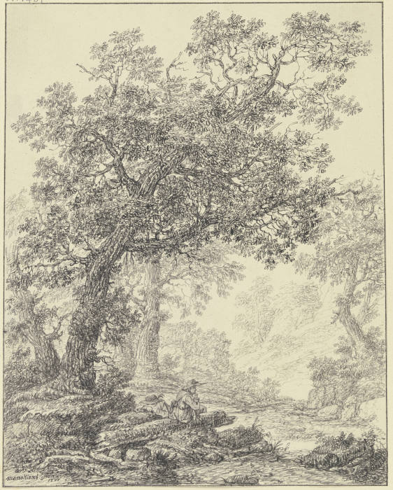 Zwei Wanderer, unter Eichenbäumen rastend van Bernard Gottfried Manskirsch