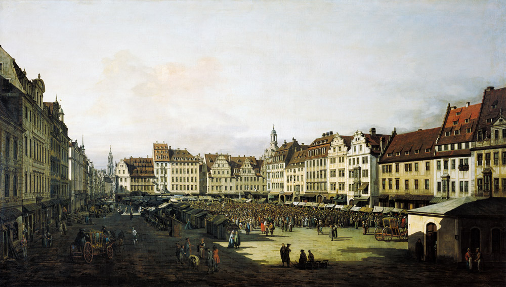 Der Altmarkt zu Dresden von der Seegasse aus van Bernardo Bellotto