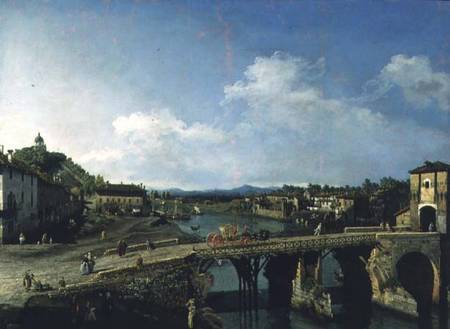 View of an Old Bridge Over the River Po, Turin van Bernardo Bellotto