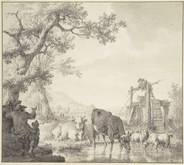 Bei einem Wasser zwei Kühe, zwei Pferde und eine Ziege, links der Hirte mit dem Hunde van Bernhard Heinrich Thier