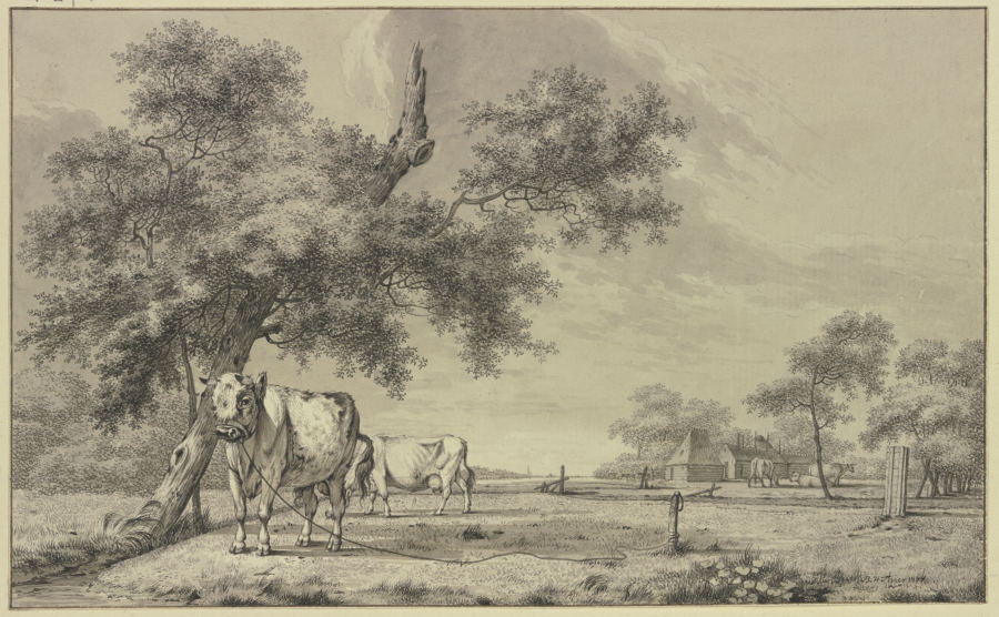 Ein Stier bei einer Kuh angebunden van Bernhard Heinrich Thier