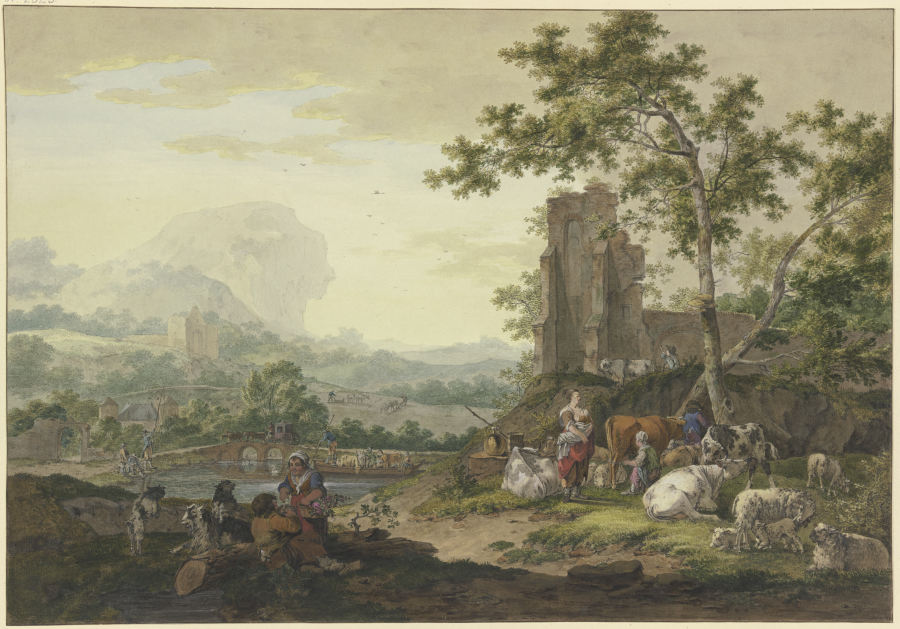 Landschaft, rechts eine Ruine, dabei eine Gruppe von Vieh mit Hirten, eine Frau melkt eine Kuh, der  van Bernhard Heinrich Thier