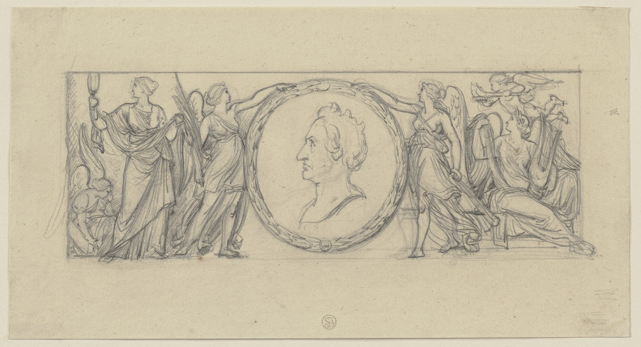 Weibliche Genien halten ein Medaillon mit dem Bildnis Goethes van Bernhard Neher d. J.