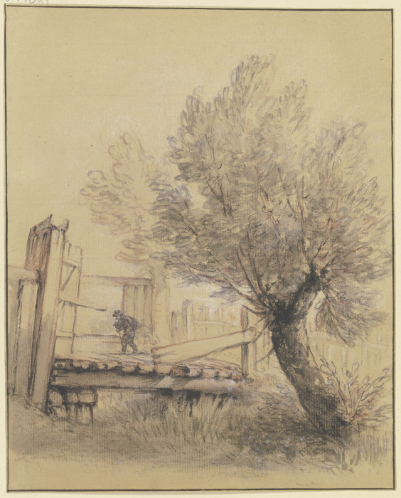Weidenbaum bei einer Holzbrücke, über die ein Mann schreitet van Bernhard Rode
