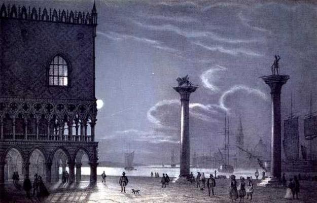 Nocturnal Scene of Palazzo Ducale and the Two Columns, Venice, engraved by Brizeghel (litho) van Berselli