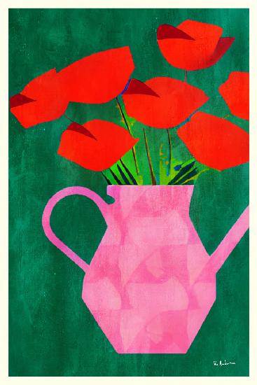Red Poppies In a Pink Vase