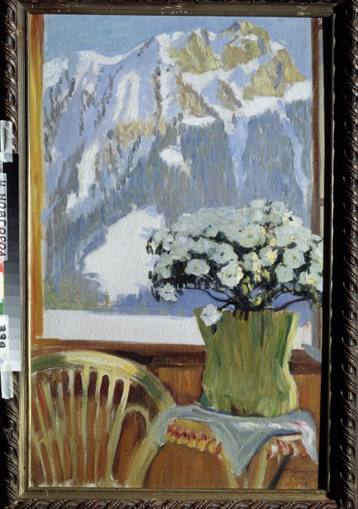Flowers at the balcony with a view of the mountains van Boris Michailowitsch Kustodiew