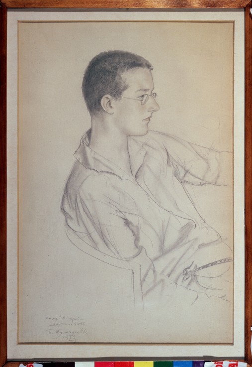 Portrait of the composer Dmitri Shostakovitch (1906-1975) van Boris Michailowitsch Kustodiew
